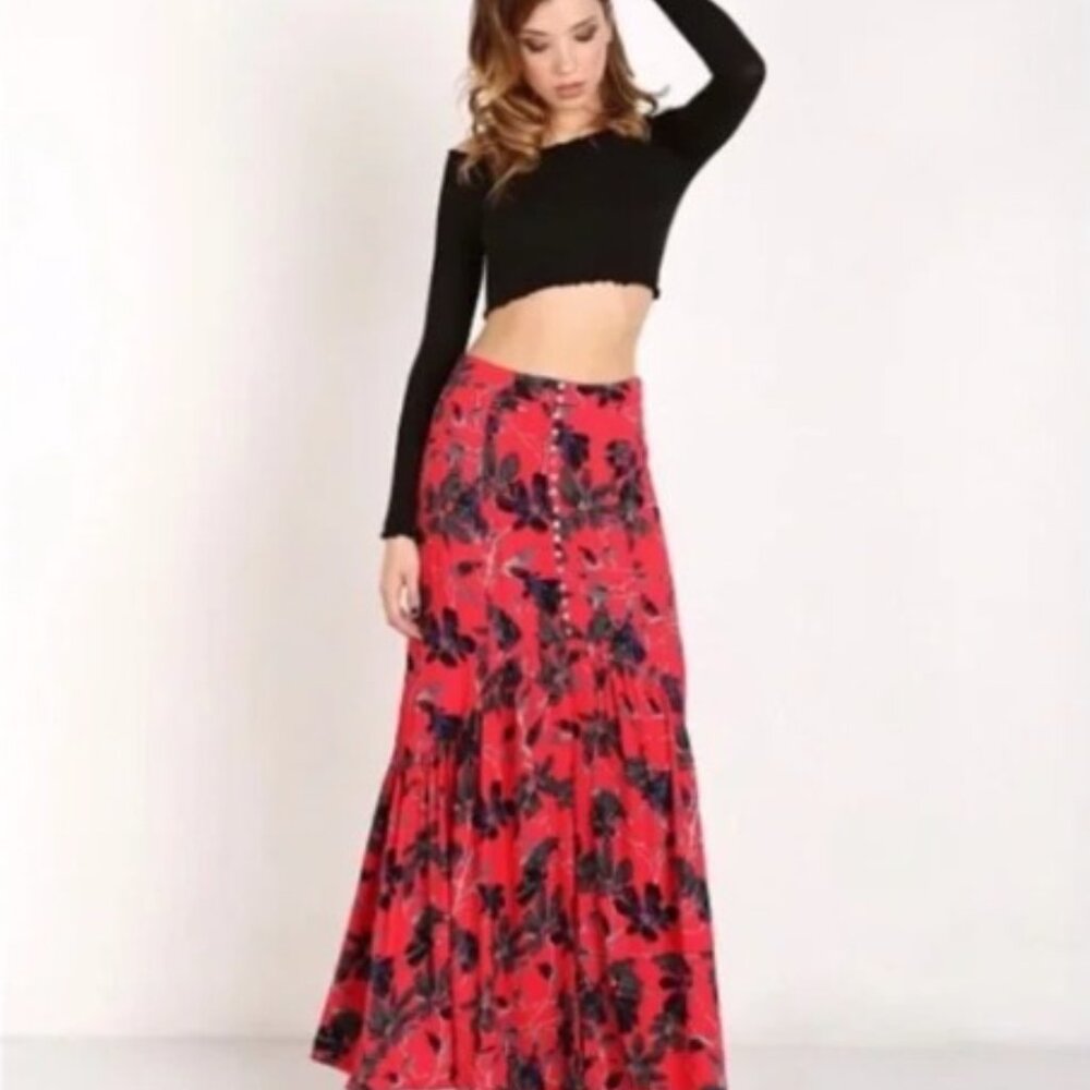 Free People Smooth Sailing Red Maxi Skirt Front Slit